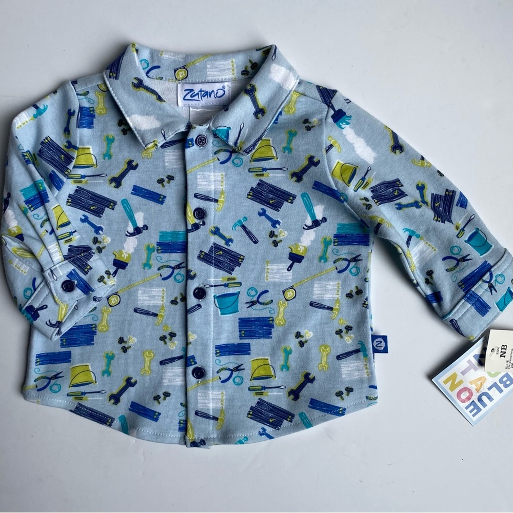 Zutano Shirt Size Newborn Baby Boys Tools NWT Blue Carpenter Hammer Wrench Nails